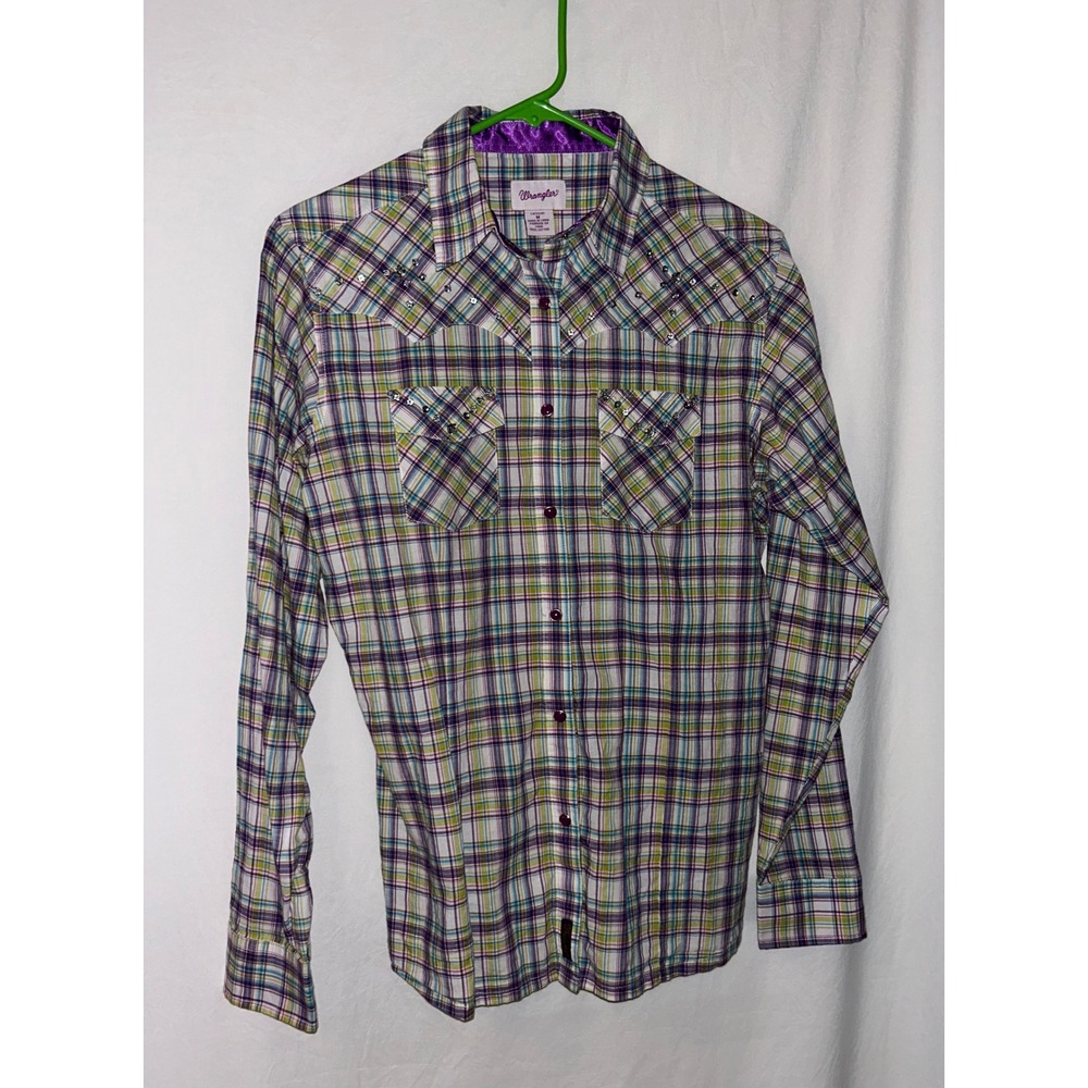 Wrangler Plaid Western Shirt Womens M Studded Purple Green Long‎ Sleeve